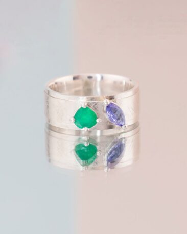 Inel THE ANATOMY OF STYLE cu Smarald si Tanzanit Natural, Aur Alb 14K