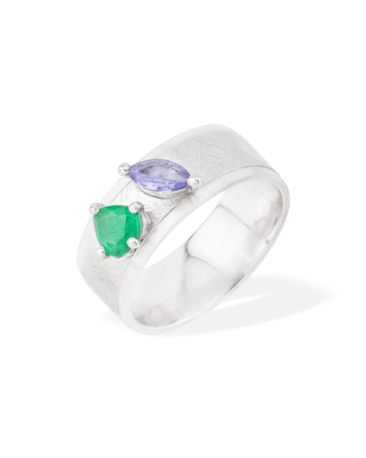 Inel THE ANATOMY OF STYLE cu Smarald si Tanzanit Natural, Aur Alb 14K
