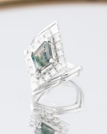 Inel de logodna GREEN BEAUTY cu Agata Moss si Diamante Naturale, Aur Alb 14K