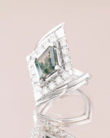 Inel de logodna GREEN BEAUTY cu Agata Moss si Diamante Naturale, Aur Alb 14K