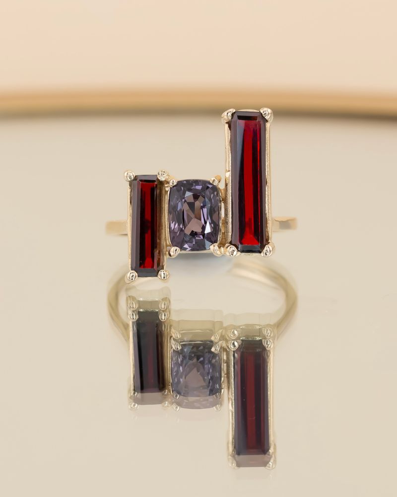 Inel BORN IN FIRE cu Granate si Spinel Natural, Aur Galben 14K