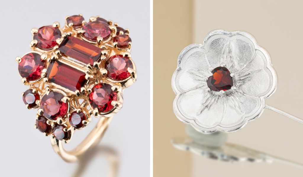 Bijuterii din aur 14k cu granate naturale, design floral, realizate in atelierul IONA.