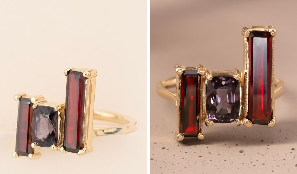 Inel din aur 14k galben spinel si granate naturale BORN IN FIRE, realizat la IONA.