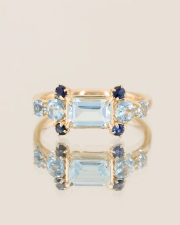 Inel LA SERPIENTE AZUL cu Safire si Diamante Naturale, Aur Alb 14K