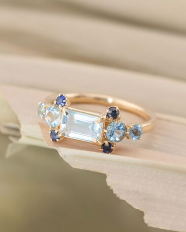 Inel LA SERPIENTE AZUL cu Safire si Diamante Naturale, Aur Alb 14K