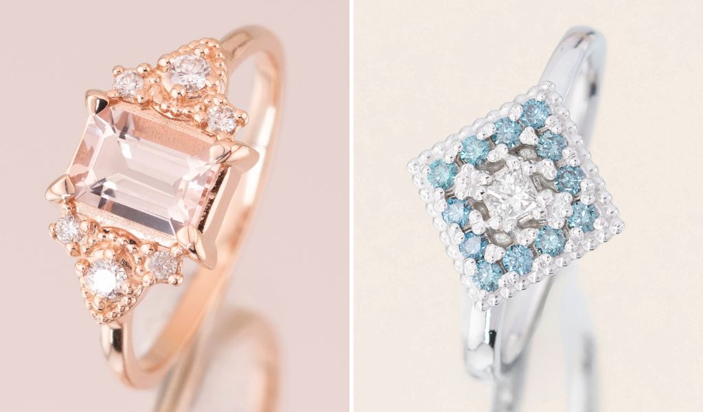 Inele de logodna personalizate din aur roz si alb de 14k, cu diamante si safire naturale si design milgrain, realizate la IONA.