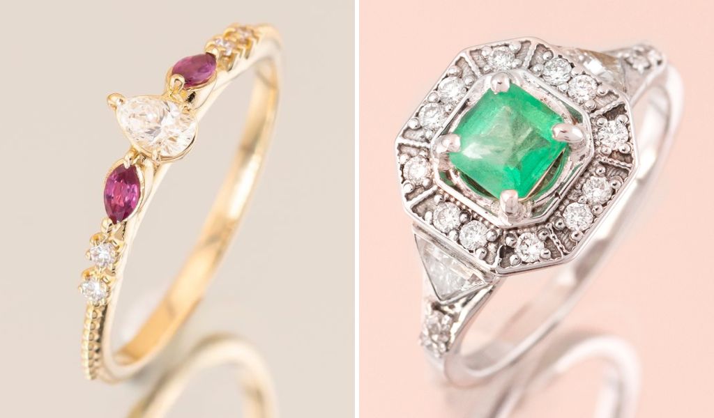 Inele de logodna din aur 14k galben si alb, cu diamante, safire si smaralde naturale, cu model milgrain, realizate la IONA.
