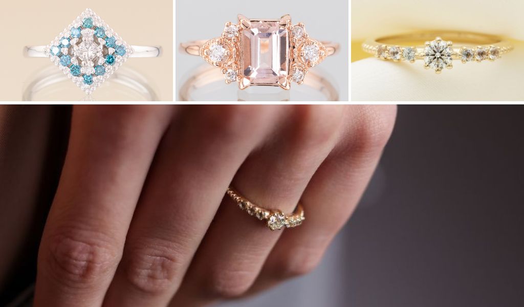 Inele de logodna din aur 14k galben cu diamante si safire naturale, cu model milgrain, realizate in atelierul IONA.
