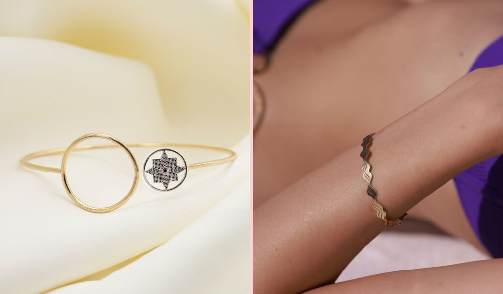 Bratari fixe din aur 14K alb si galben cu diamant negru natural elegante, realizate in atelierul IONA in Romania.