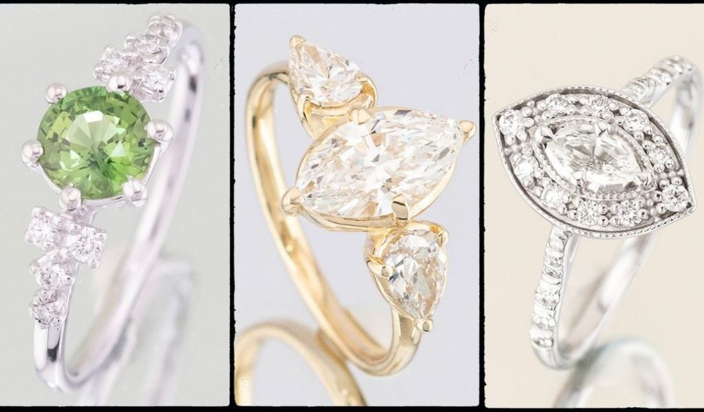 Tabel cu inele de logodna cu diamante si safire naturale din aur 14K, realizate la atelierul IONA.