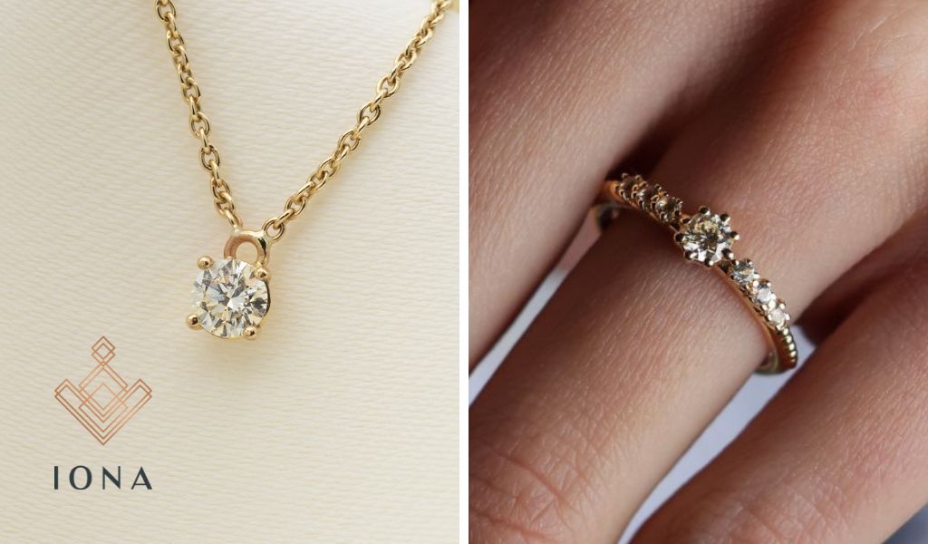 Colier si inel din aur galben 14k cu diamante naturale albe.