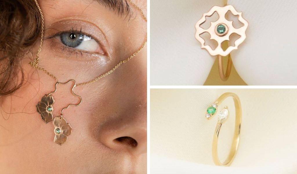 Bijuterii din aur galben 14K, cu smaralde naturale stralucitoare, elegante, realizate in atelierul IONA.