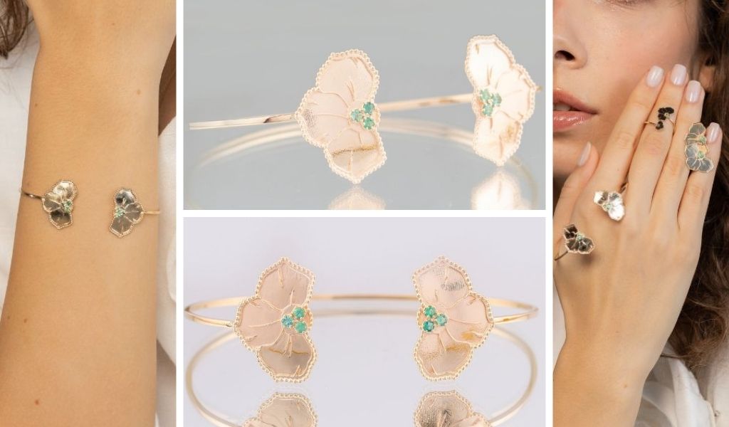 Bijuterii, bratara fixa din aur galben 14K, cu smarald natural Aprilie In Toscana, realizata in atelierul IONA.
