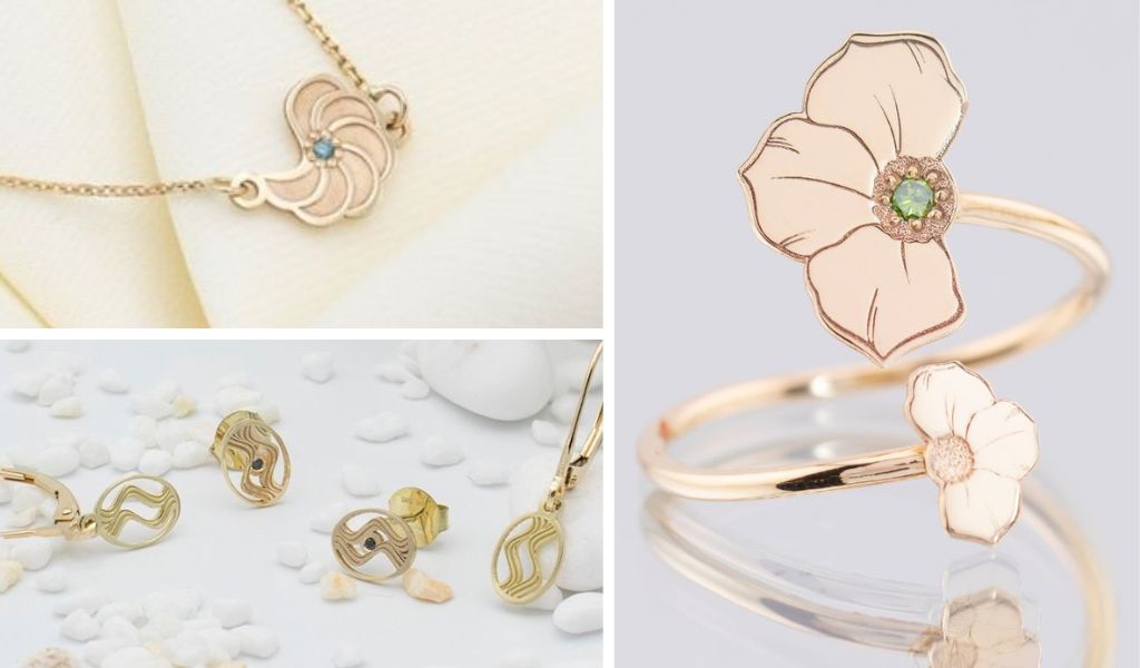 Bijuterii cu design floral din aur galben si roz 14k, cu diamante naturale colorate, realizate in atelierul IONA.