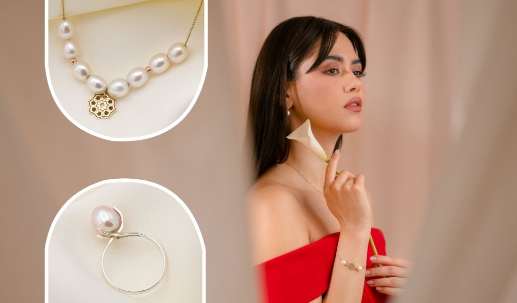 Colier si inel din aur galben 14k cu perle naturale de cultura, design realizat la IONA.