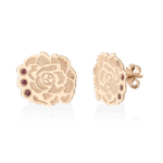 Cercei dama din aur galben 14K cu rubine naturale, model floral bujori, eleganti, realizati in atelierul IONA.