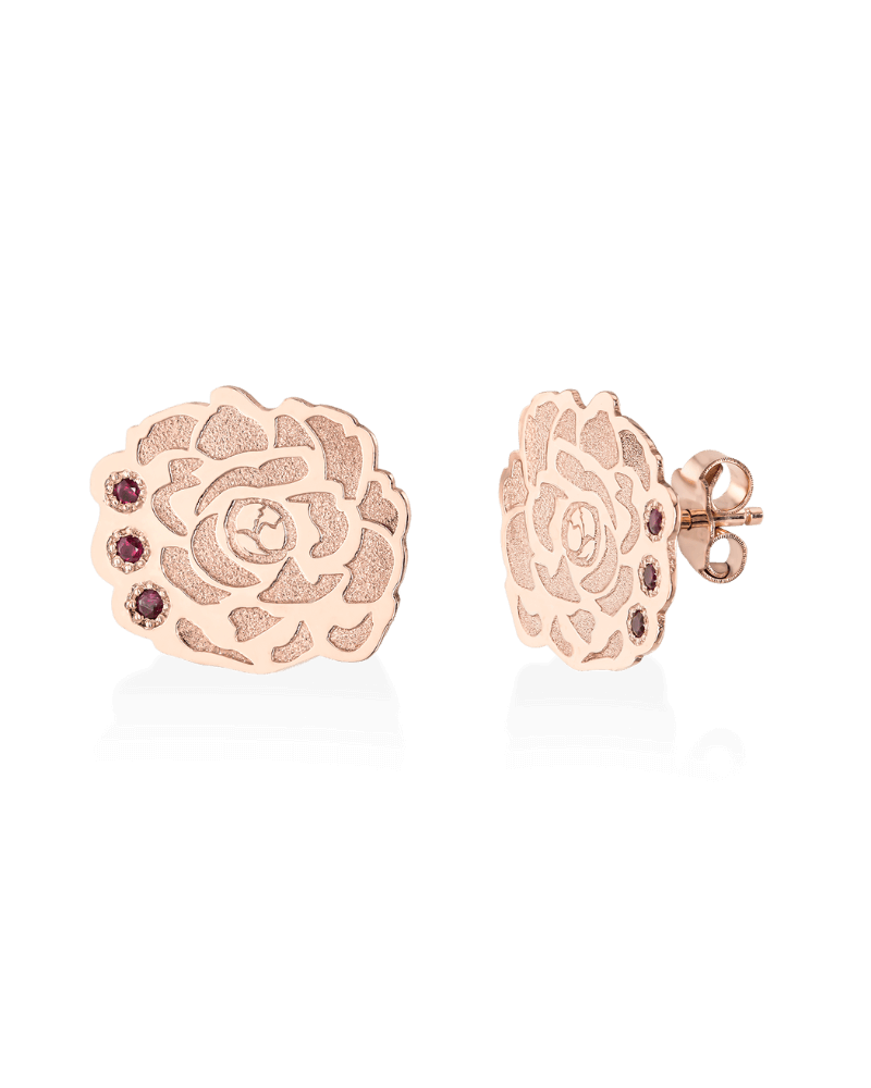 Cercei dama din aur roz 14K cu rubine naturale, model floral bujori, eleganti, realizati in atelierul IONA.