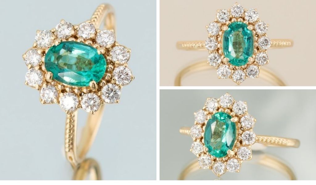 Inel de logodna Zemira din aur galben 14K, cu smarald natural straluctior si diamante naturale.