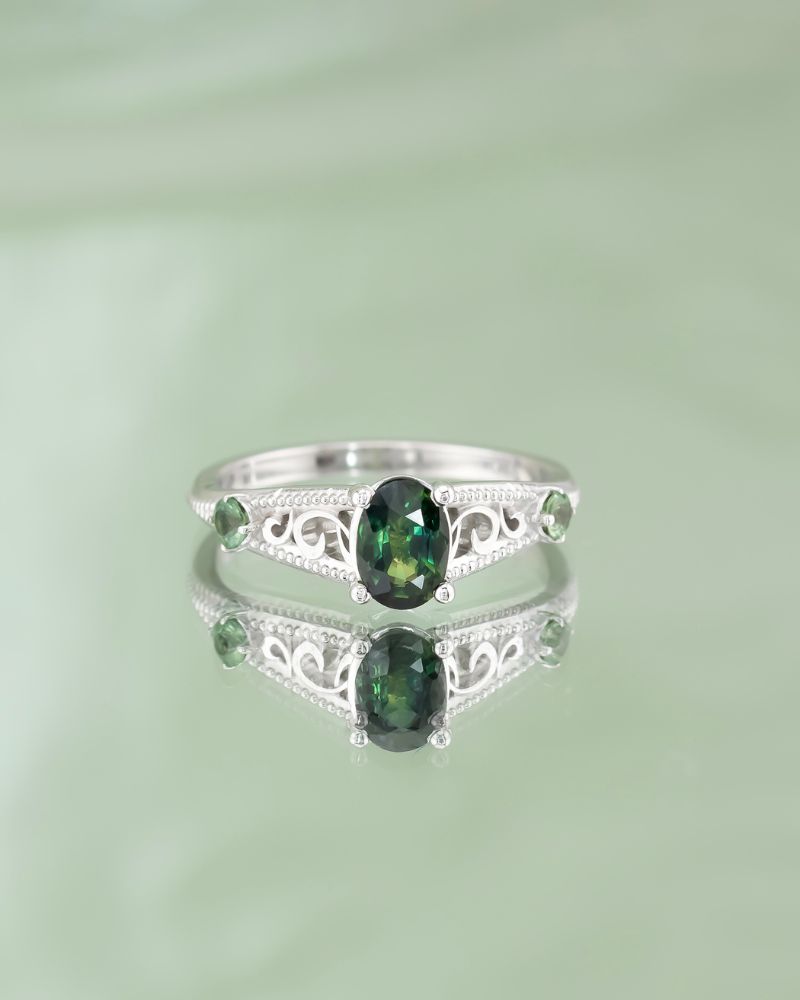 Inel de logodna FOREST WHISPER cu Safire Naturale Verzi, Aur Alb 14K