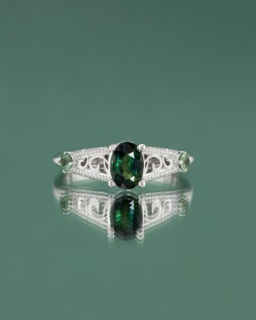 Inel de logodna FOREST WHISPER cu Safire Naturale Verzi, Aur Alb 14K