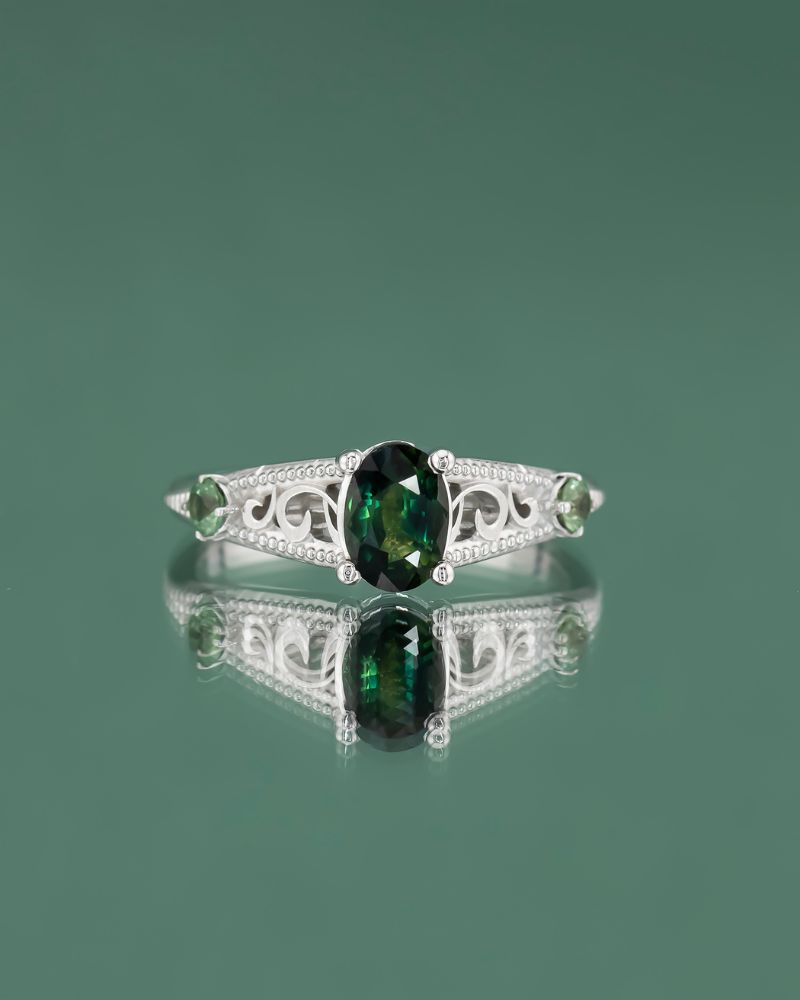 Inel de logodna FOREST WHISPER cu Safire Naturale Verzi, Aur Alb 14K