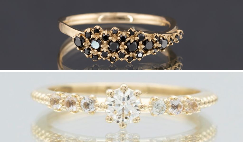 Inele de logodna unice din aur galben 14k cu diamante naturale albe si negre stralucitoare.