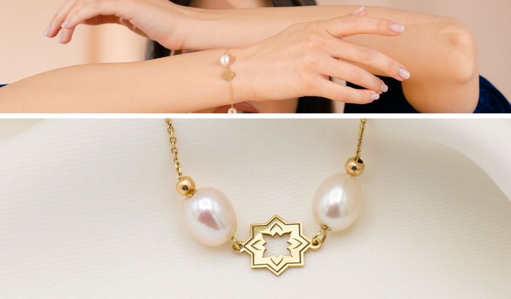 Model  si bratara din aur galben 14k cu perle naturale de cultura, realizata in atelierul IONA.