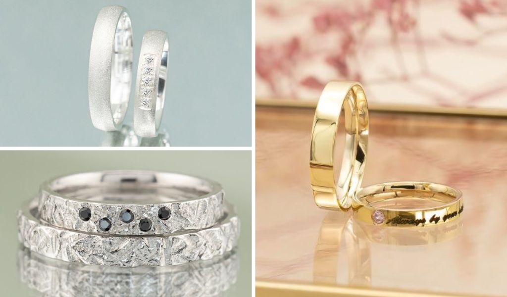 Perechi de verighete din aur alb si galben 14k cu diamante naturale albe si negre si cu safir natural.