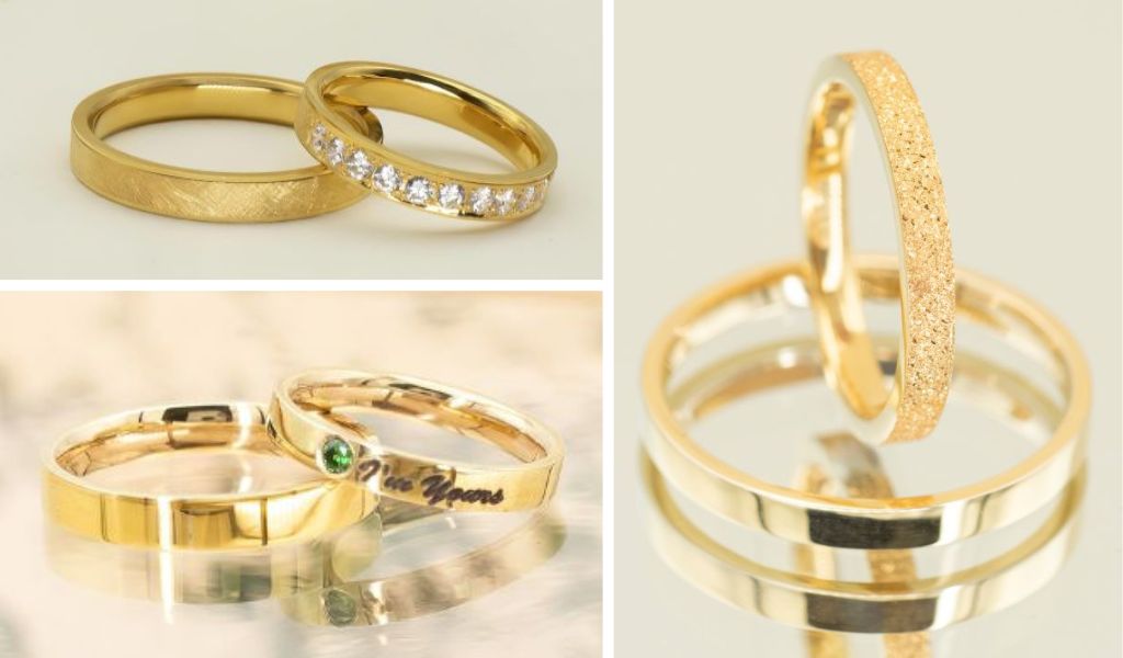 Perechi de verighete din aur galben 14k cu diamante naturale si safire naturale, realizate in atelierul IONA.