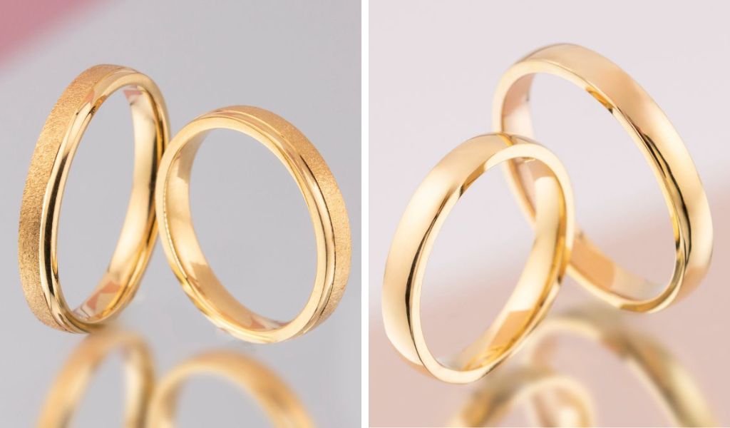 Perechi de verighete din aur galben 14k minimaliste si simple.