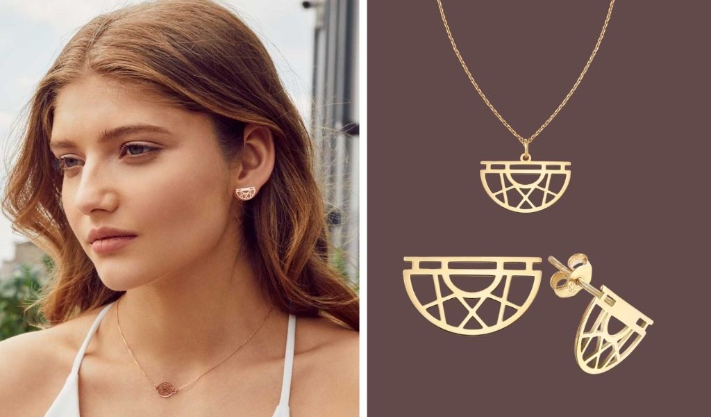 Colier si cercei din aur galben 14k Half Moon.