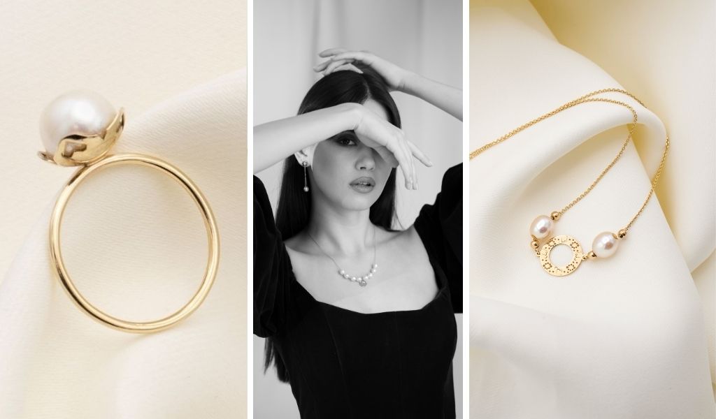 Coliere si inele fine si elegante realizate din aur galben 14k cu perle naturale de cultura.