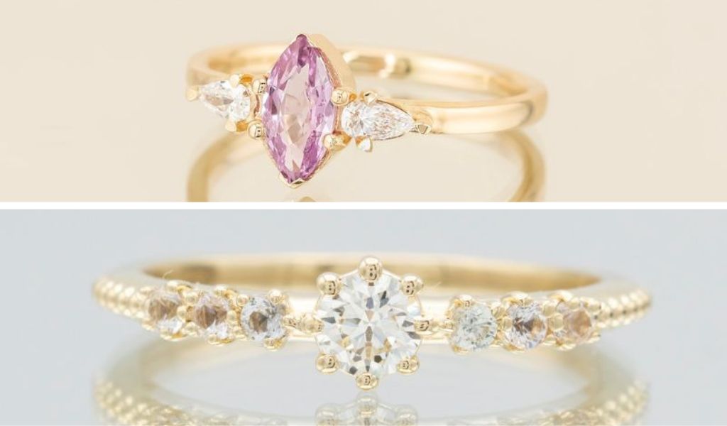 Inele de logodna din aur 14k galben cu diamante si safire naturale.