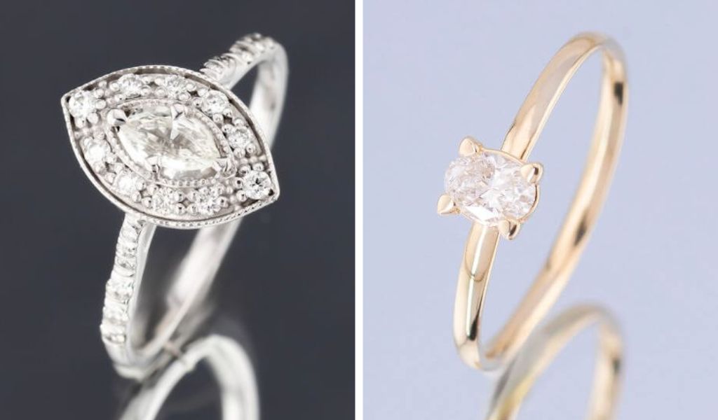 Inele de logodna cu safire si diamante naturale din aur 14k galben si alb.