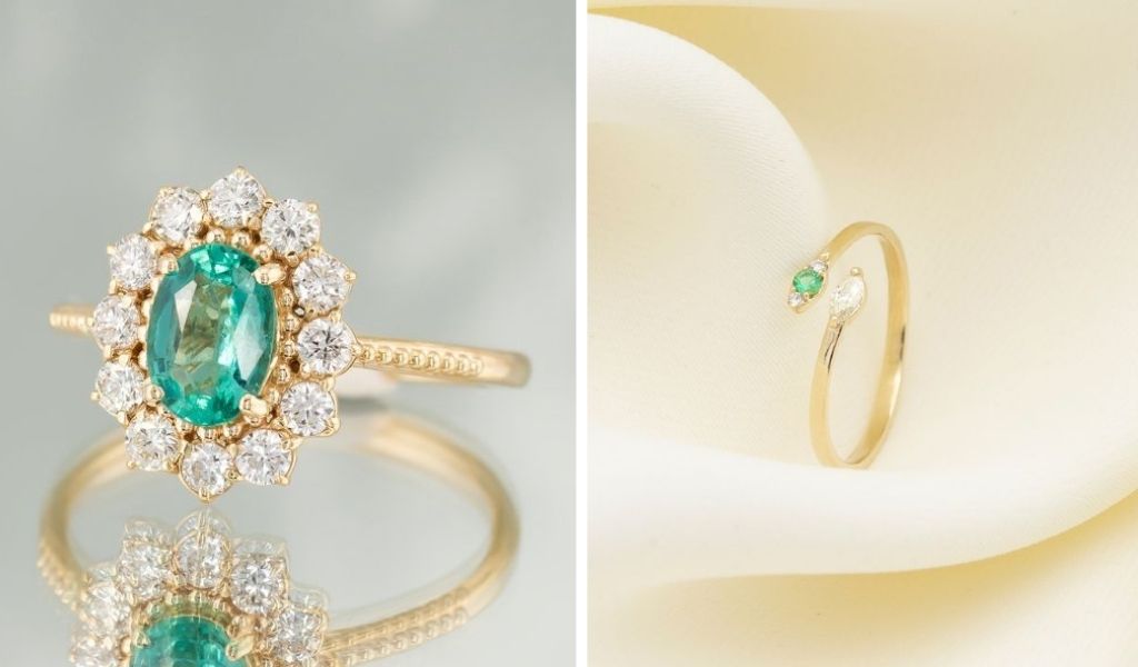 Inele de logodna cu diamante si smaralde naturale din aur 14k galben.