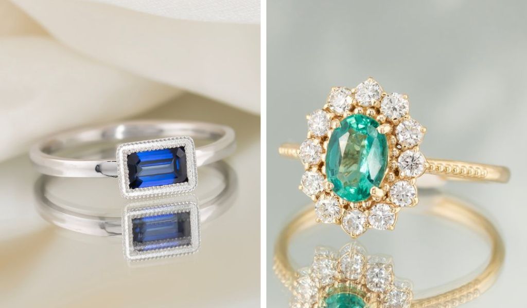 Inele de logodna din aur 14k cu safire si diamante naturale personalizate.