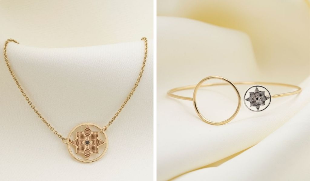 Bratara CALAUZA cu diamant natural negru din aur galben 14k pe lantisor si fixa.