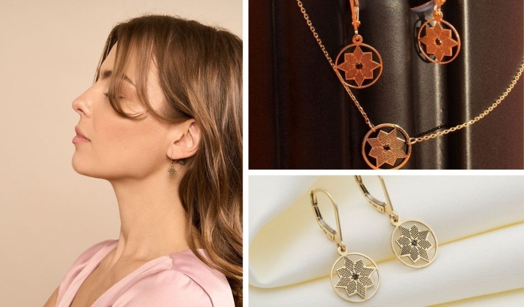 Cercei CALAUZA din aur galben 14k cu inchidere securizata si diamant natural negru.