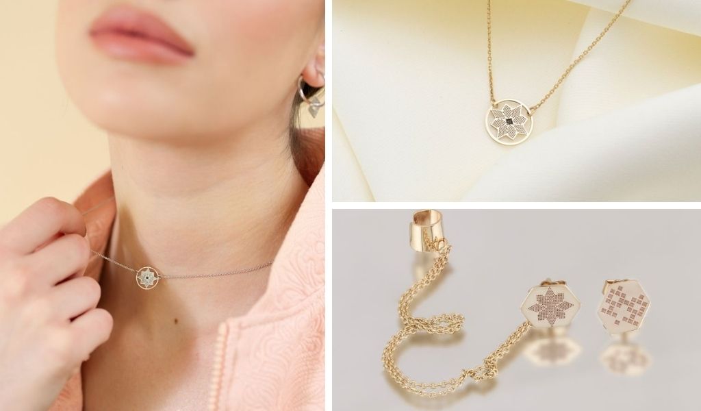 Colier CALAUZA din aur galben 14k cu diamant natural negru si cercei ear cuff.