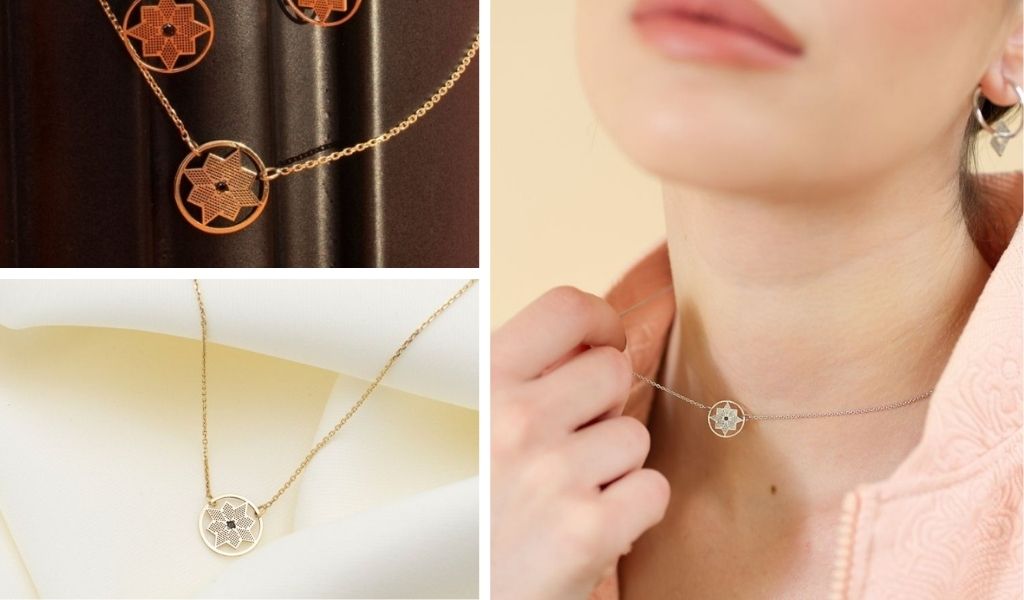 Colier din aur galben 14k CALAUZA cu diamant natural negru, la baza gatului.