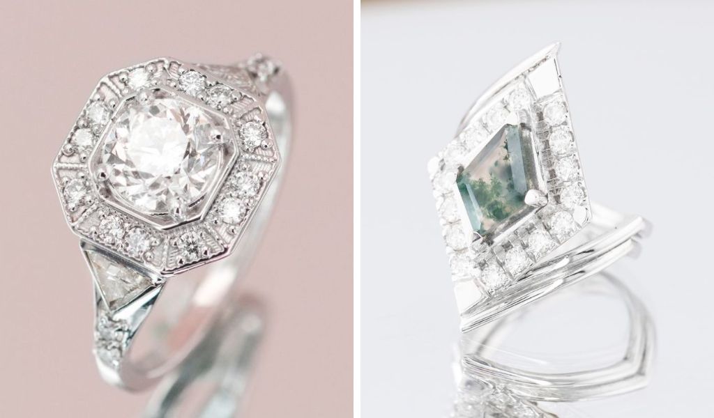 Inele de logodna personalizate din aur 14k cu diamante naturale si agata moss natural.