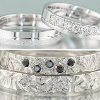 Verighete din aur 14k alb texturate cu diamante naturale albe si negre.