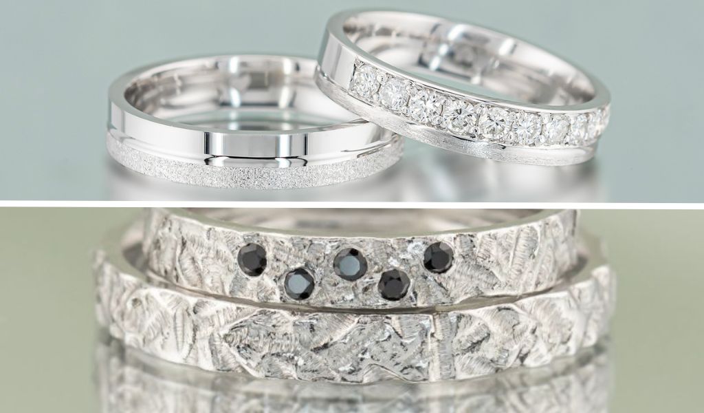Verighete din aur 14k alb texturate cu diamante naturale albe si negre.