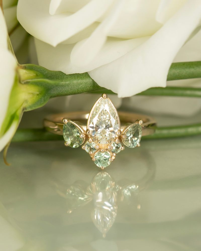 Inel de Logodna FLOWER OF LOVE cu Safir Natural si Diamante Naturale, Aur Roz 14K