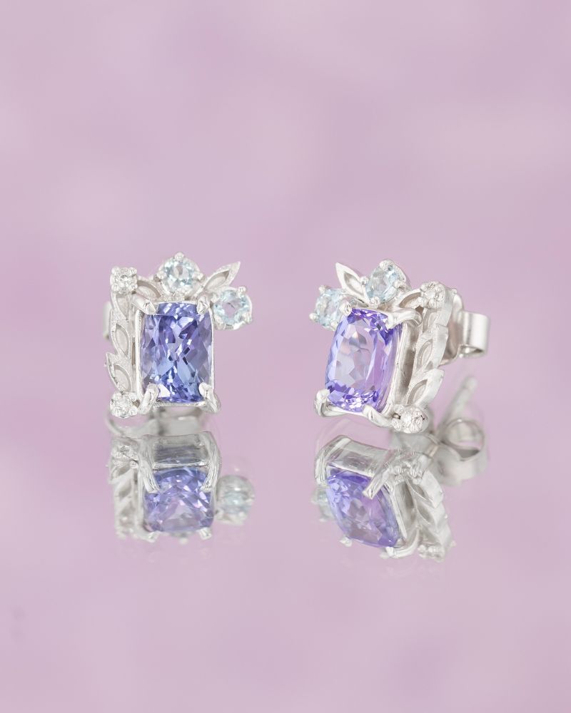 Cercei Unicat REACH FOR THE SKY cu Tanzanite, Acvamarine si Diamante Naturale, Aur Alb 14K