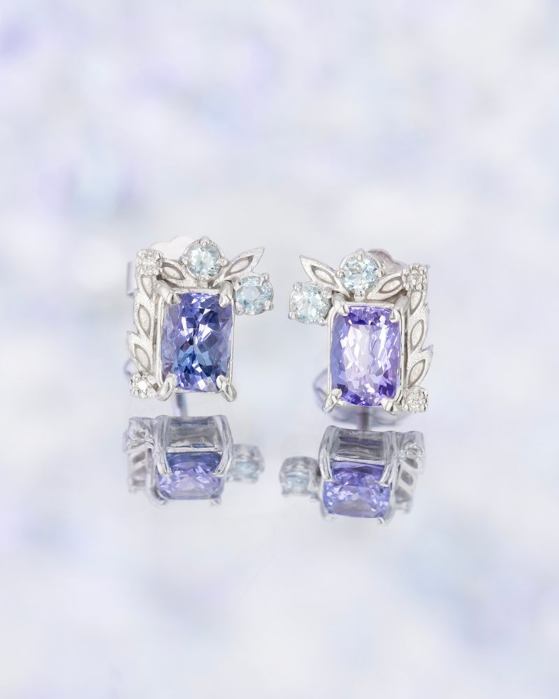 Cercei Unicat REACH FOR THE SKY cu Tanzanite, Acvamarine si Diamante Naturale, Aur Alb 14K