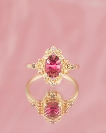 Inel Unicat HYPNOTIQUE cu Turmalina Naturala - Concave Cut si Safire Naturale, Aur Galben 14K