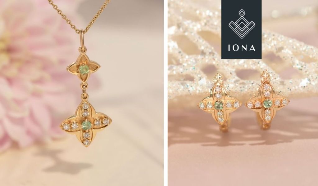 Set de bijuterii IONA din aur galben 14K, format din pandantiv si cercei cu simbol floral reinterpretat, decorat cu safir verde si diamante naturale, creatie realizata in atelier romanesc de bijuterii, destinat cadourilor cu semnificatie sau purtarii zilnice.