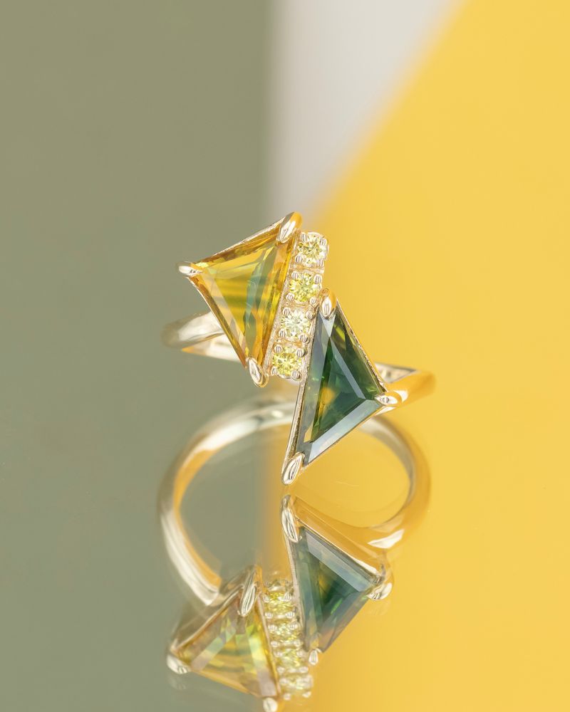 Inel Unicat ALEGRIA cu Safire Naturale si Diamante Naturale, Aur Galben 14K